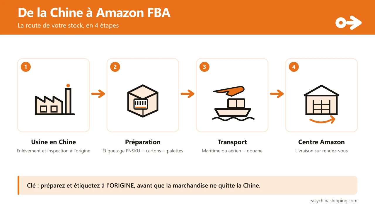 Infographie de l'itinéraire de votre stock vers Amazon FBA : usine en Chine, préparation et étiquetage FNSKU, transport maritime ou aérien avec dédouanement, et livraison au centre logistique d'Amazon.