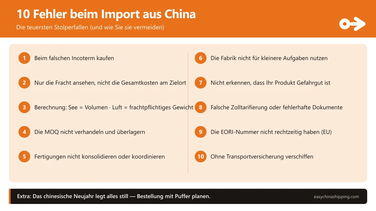 Infografik mit den 10 häufigsten Fehlern beim Import aus China: falscher Incoterm, nur auf die Fracht schauen, wie die Fracht berechnet wird (See nach Volumen und Luft nach frachtpflichtigem Gewicht), MOQ nicht verhandeln, nicht konsolidieren, die Fabrik nicht für kleinere Aufgaben nutzen, Gefahrgut nicht erkennen, falsche Einreihung oder Dokumente, EORI nicht rechtzeitig haben und ohne Transportversicherung reisen.