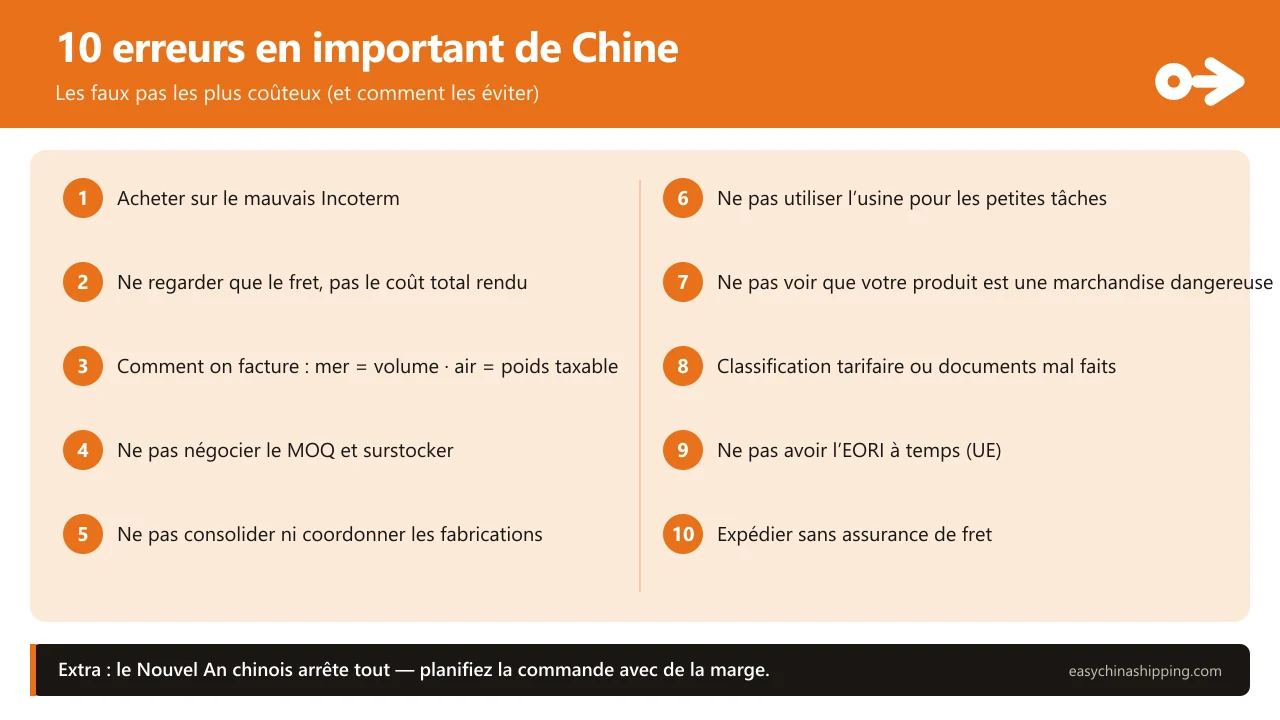 Infographie des 10 erreurs les plus fréquentes en important de Chine : mauvais Incoterm, ne regarder que le fret, comment on facture le fret (mer au volume et aérien au poids taxable), ne pas négocier le MOQ, ne pas consolider, ne pas utiliser l'usine pour les petites tâches, ne pas détecter la marchandise dangereuse, classification ou documents mal faits, ne pas avoir l'EORI à temps et voyager sans assurance de fret.