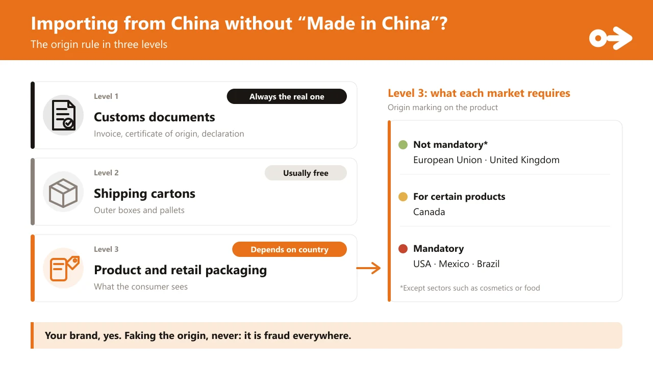 The origin rule in three levels: level 1, customs documents, always with the real origin; level 2, shipping cartons, usually free; level 3, product and retail packaging, depends on the country. On the right, what each market requires: not mandatory in the European Union and the United Kingdom (except sectors such as cosmetics or food), mandatory for certain products in Canada, and mandatory in the United States, Mexico and Brazil.