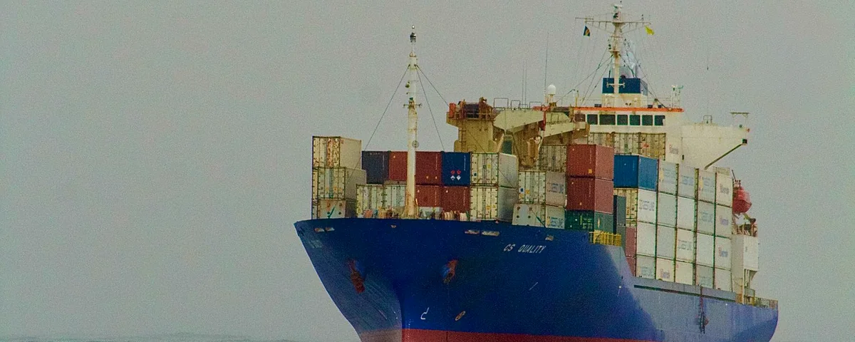 A loaded container ship sailing on the open sea under a grey sky